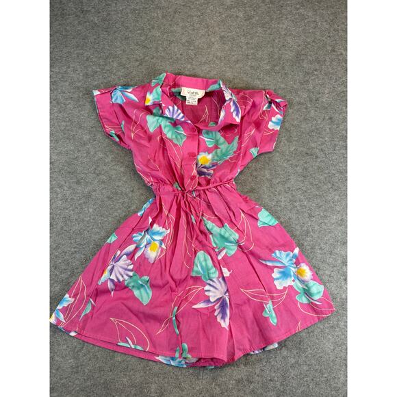 VINTAGE 80s LA Chic Mini Shirt Dress Girls Size 14 Pink Floral Belted Tropical - Picture 1 of 4